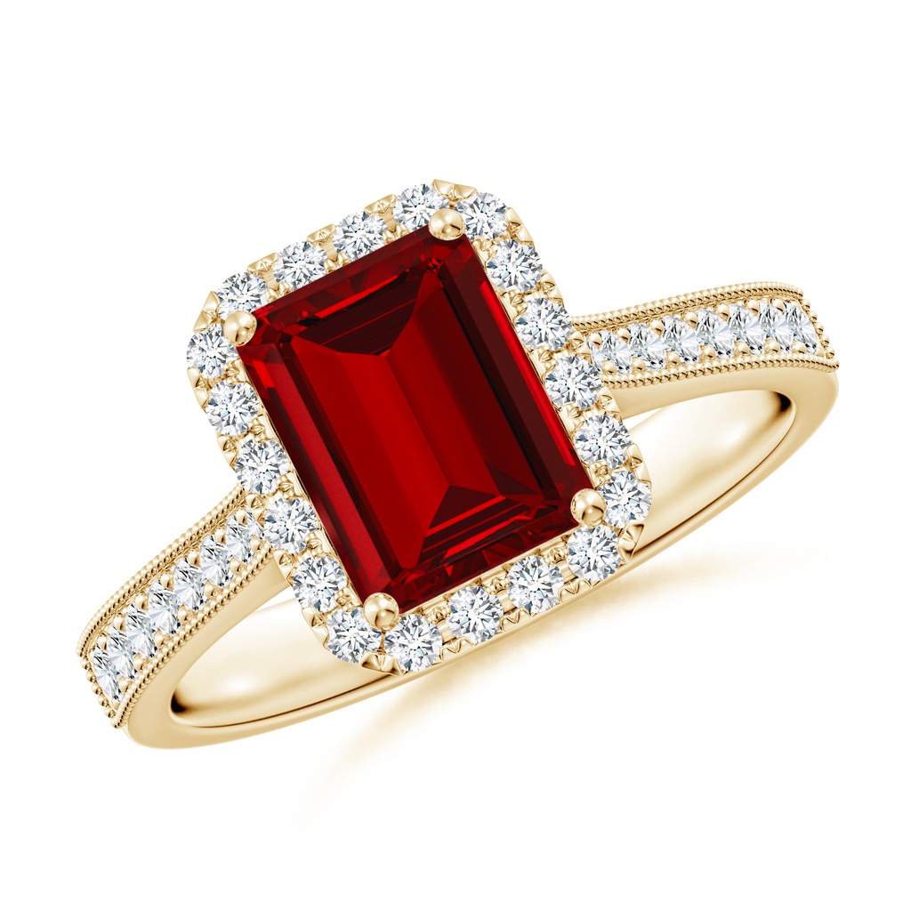 8x6mm Labgrown Lab-Grown Emerald-Cut Ruby Reverse Tapered Shank Halo Engagement Ring in Yellow Gold