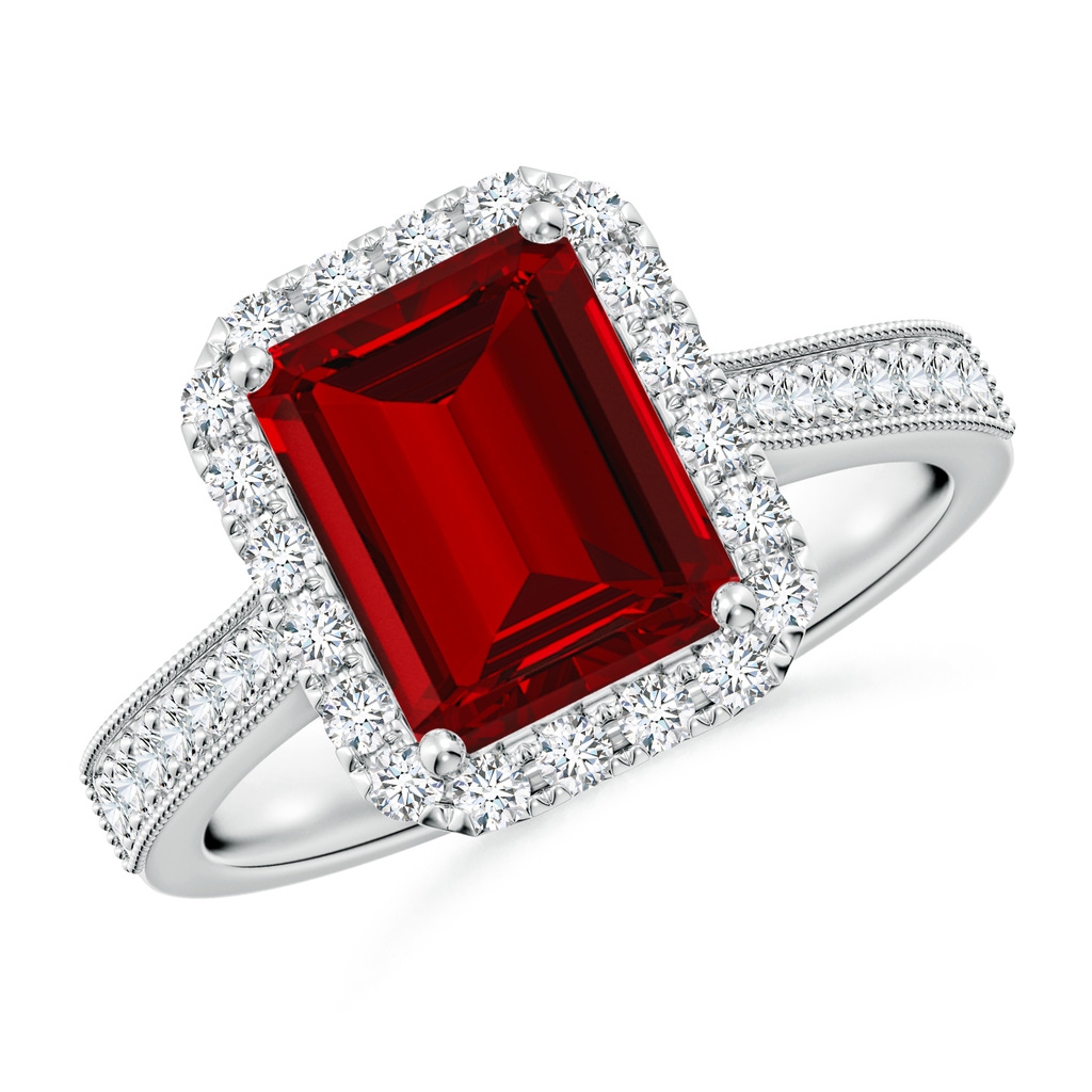 9x7mm Labgrown Lab-Grown Emerald-Cut Ruby Reverse Tapered Shank Halo Engagement Ring in White Gold