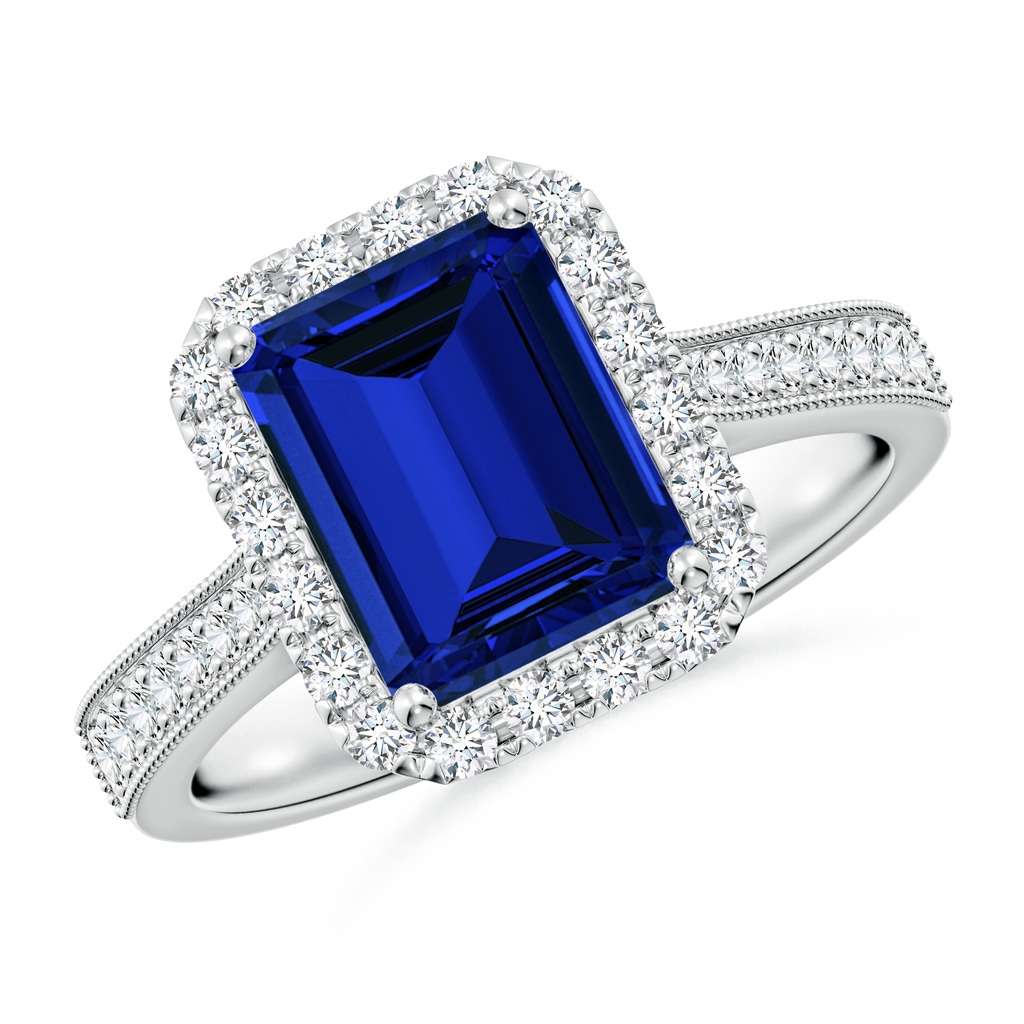 9x7mm Labgrown Lab-Grown Emerald-Cut Blue Sapphire Reverse Tapered Shank Halo Engagement Ring in White Gold