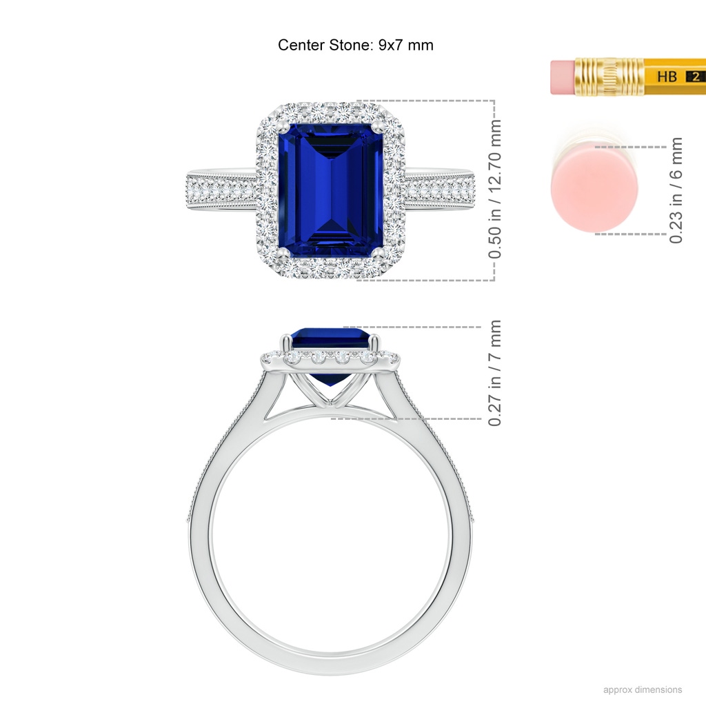 9x7mm Labgrown Lab-Grown Emerald-Cut Blue Sapphire Reverse Tapered Shank Halo Engagement Ring in White Gold ruler