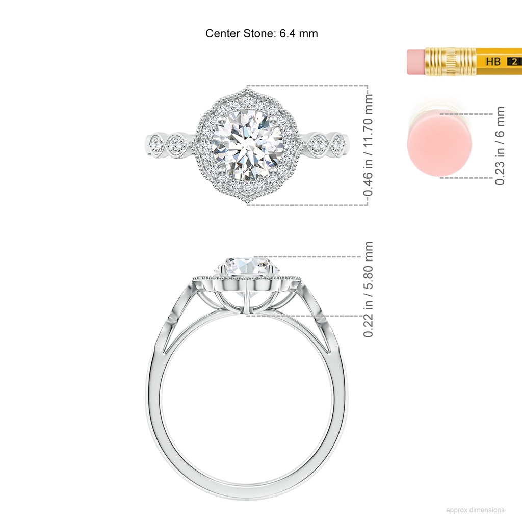 6.4mm FGVS Lab-Grown Vintage Inspired Round Diamond Ornate Halo Engagement Ring in White Gold ruler