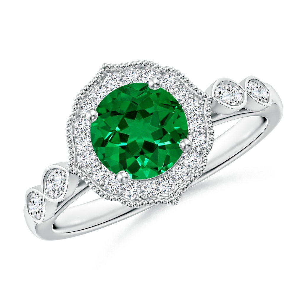 6.5mm Labgrown Lab-Grown Vintage Inspired Round Emerald Ornate Halo Engagement Ring in White Gold 