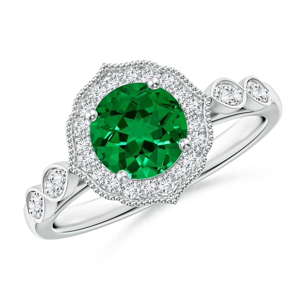 6.5mm Labgrown Lab-Grown Vintage Inspired Round Emerald Ornate Halo Engagement Ring in White Gold