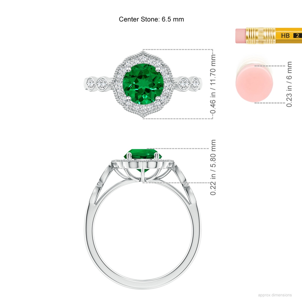 6.5mm Labgrown Lab-Grown Vintage Inspired Round Emerald Ornate Halo Engagement Ring in White Gold ruler