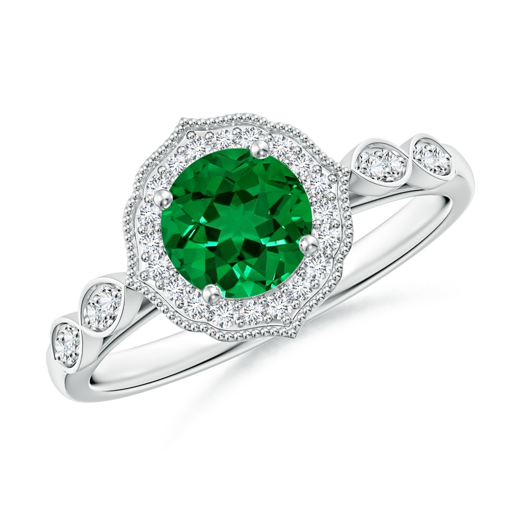 6mm Labgrown Lab-Grown Vintage Inspired Round Emerald Ornate Halo Engagement Ring in 18K White Gold