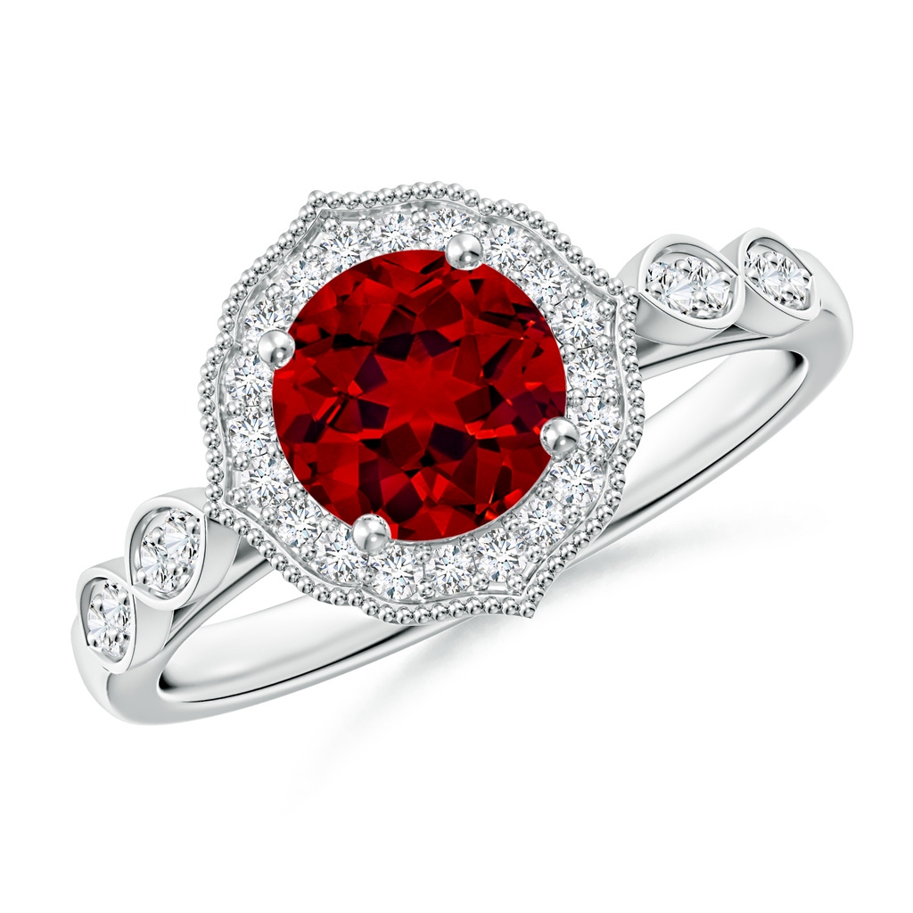 6.5mm Labgrown Lab-Grown Vintage Inspired Round Ruby Ornate Halo Engagement Ring in White Gold