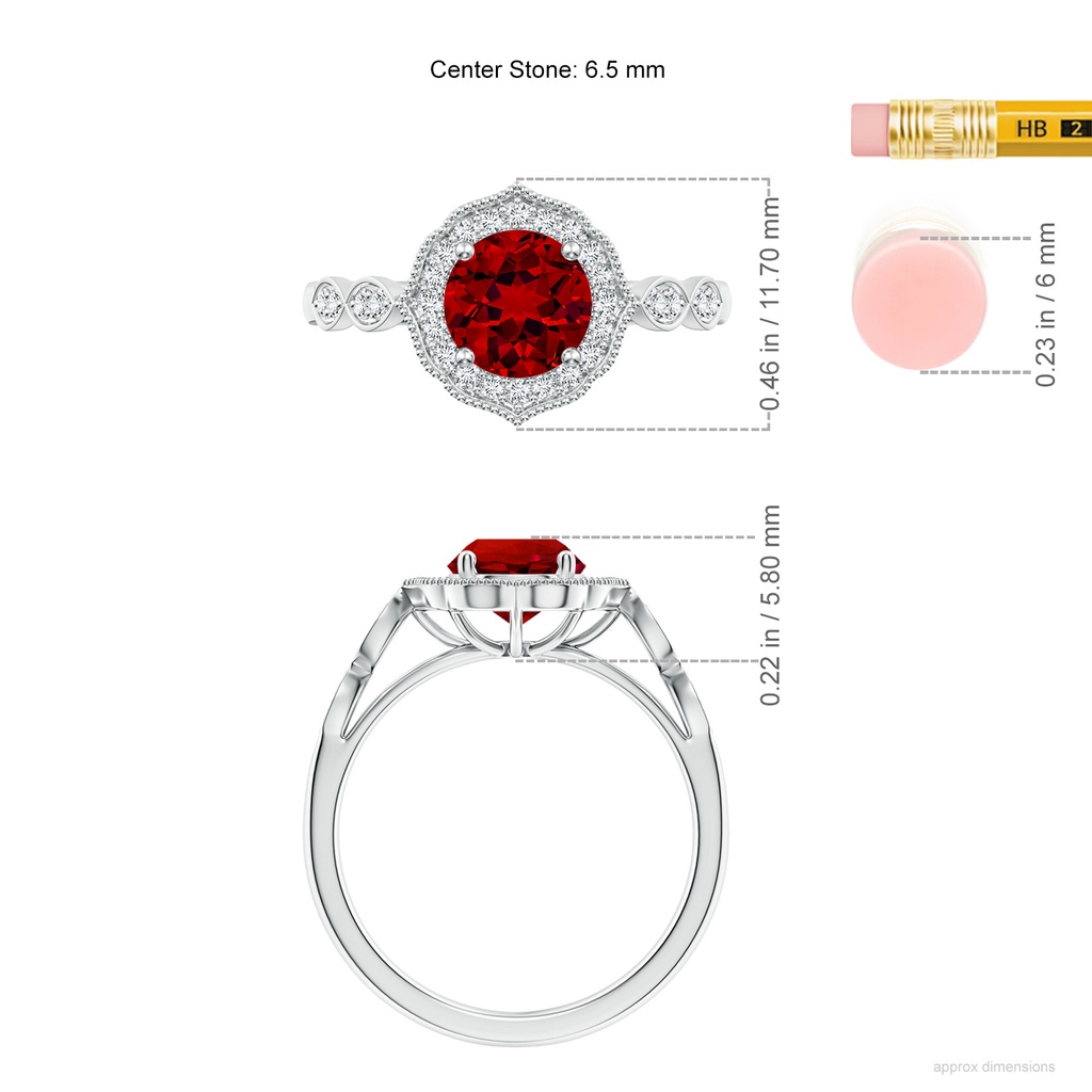 6.5mm Labgrown Lab-Grown Vintage Inspired Round Ruby Ornate Halo Engagement Ring in White Gold ruler