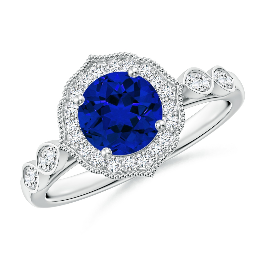 6.5mm Labgrown Lab-Grown Vintage Inspired Round Blue Sapphire Ornate Halo Engagement Ring in White Gold 