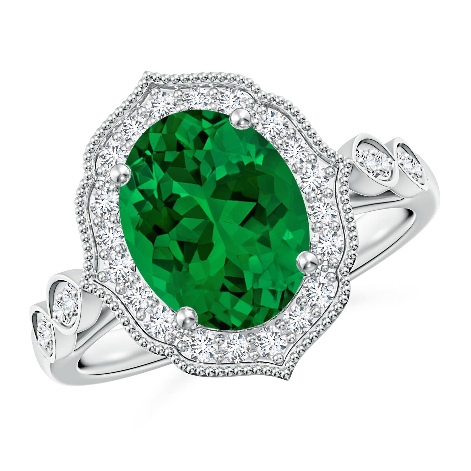 10x8mm Labgrown Lab-Grown Vintage Inspired Oval Emerald Ornate Halo Engagement Ring in 18K White Gold