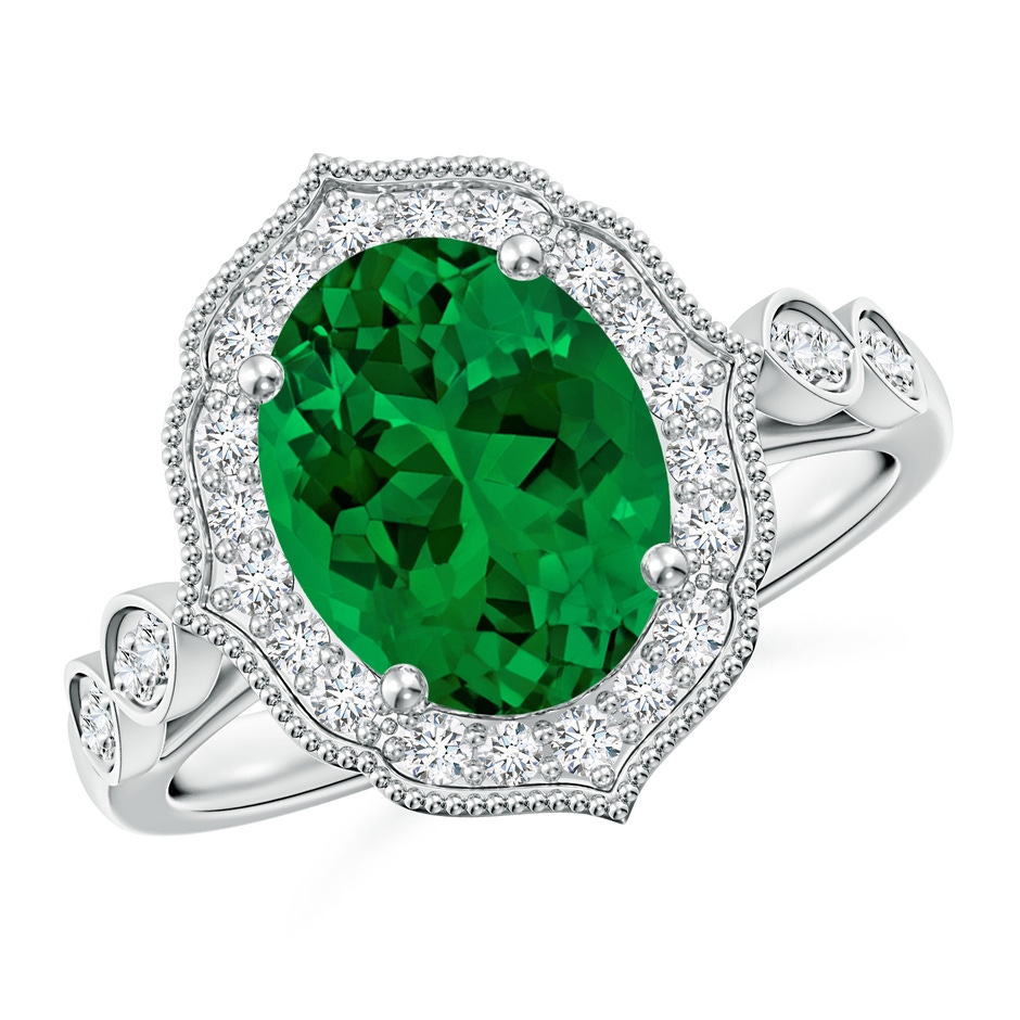 10x8mm Labgrown Lab-Grown Vintage Inspired Oval Emerald Ornate Halo Engagement Ring in 18K White Gold 