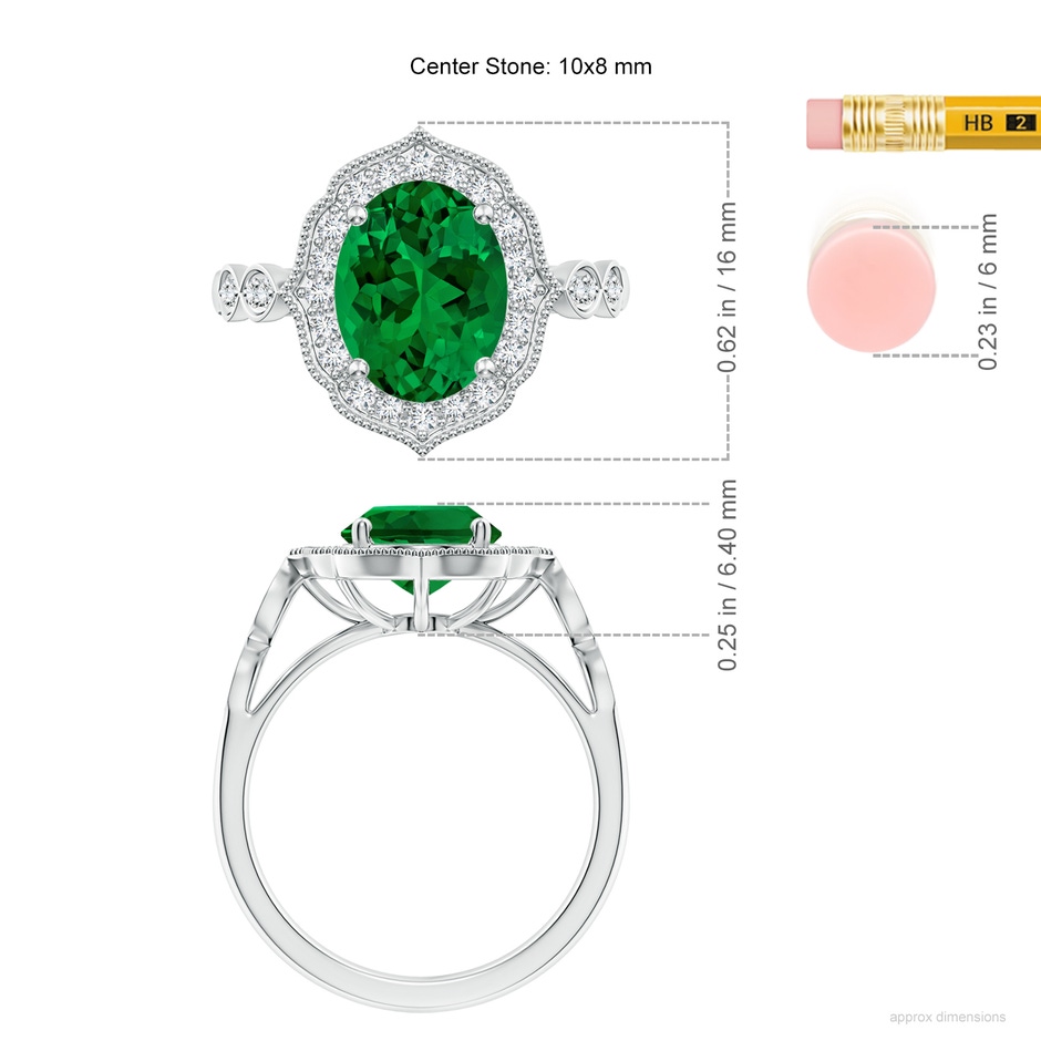 10x8mm Labgrown Lab-Grown Vintage Inspired Oval Emerald Ornate Halo Engagement Ring in 18K White Gold ruler