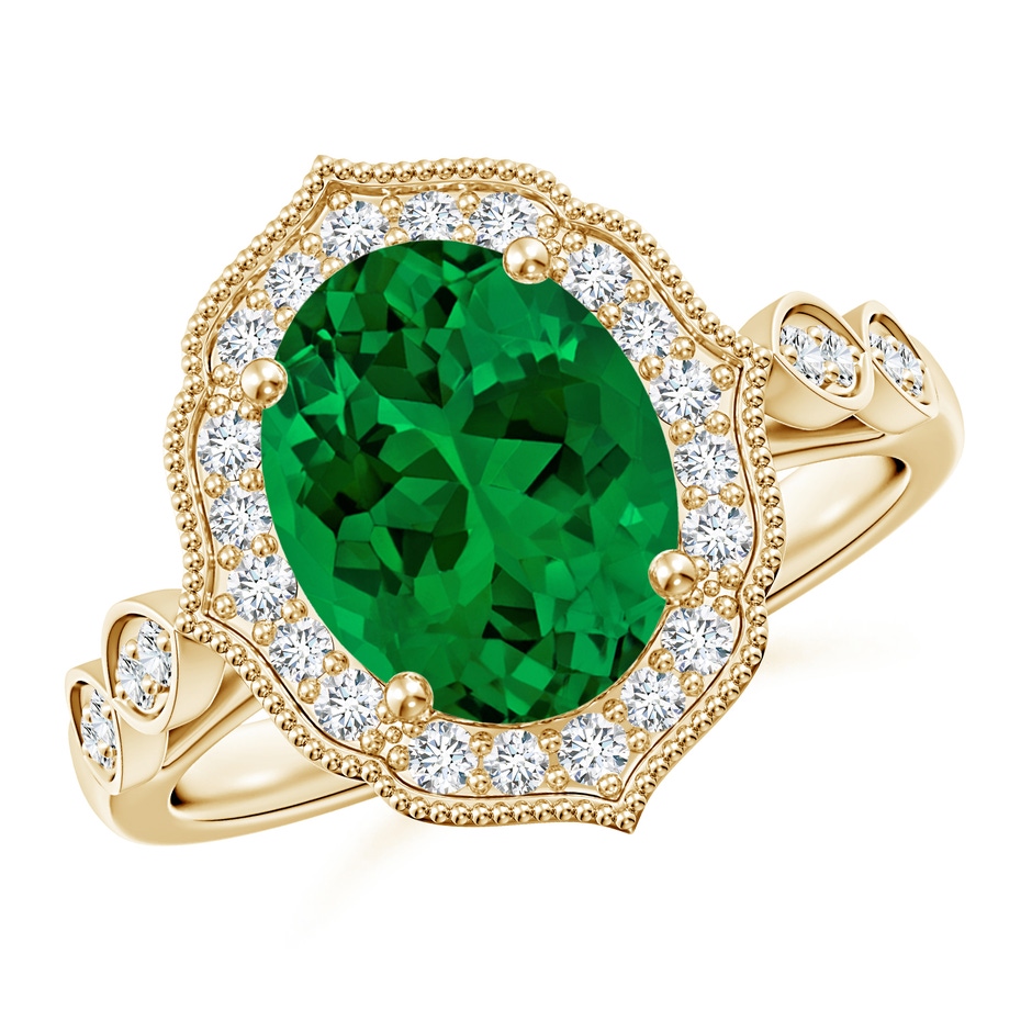 10x8mm Labgrown Lab-Grown Vintage Inspired Oval Emerald Ornate Halo Engagement Ring in Yellow Gold 