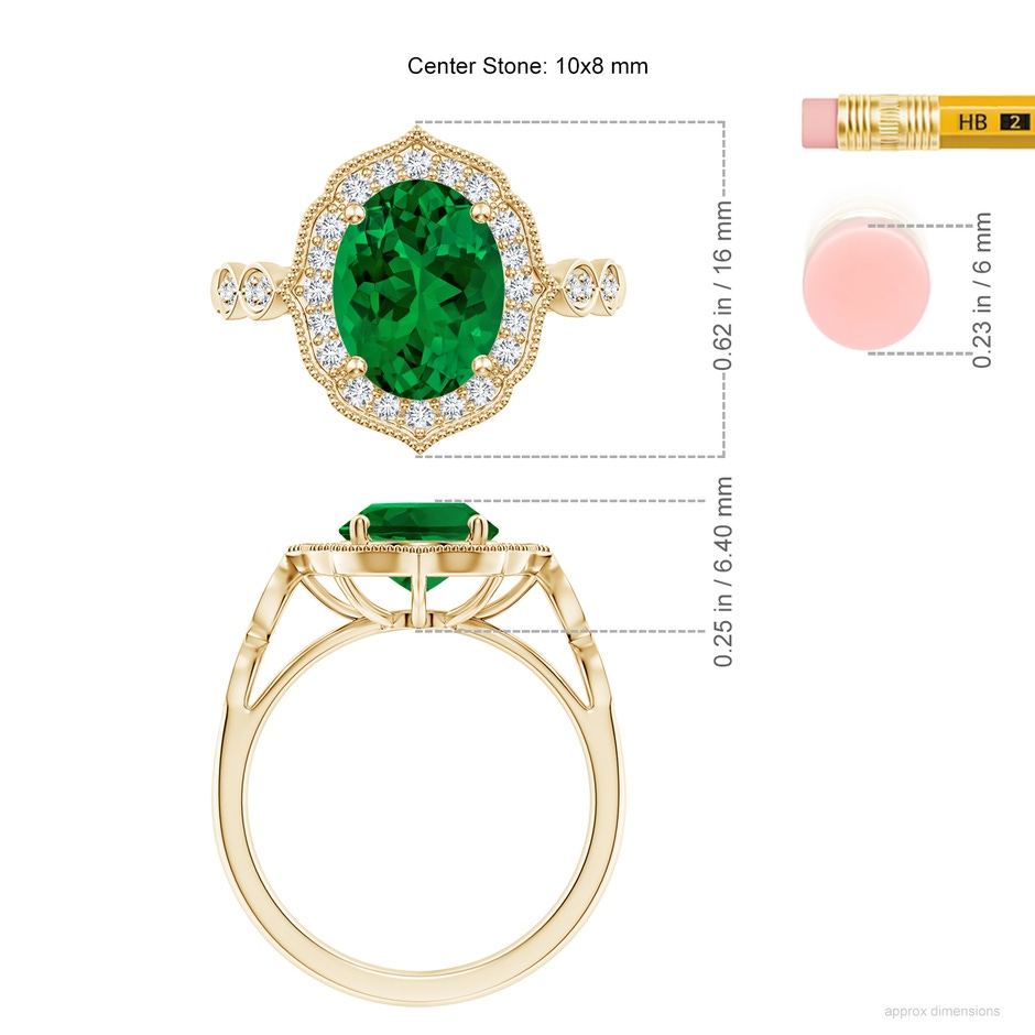 10x8mm Labgrown Lab-Grown Vintage Inspired Oval Emerald Ornate Halo Engagement Ring in Yellow Gold ruler