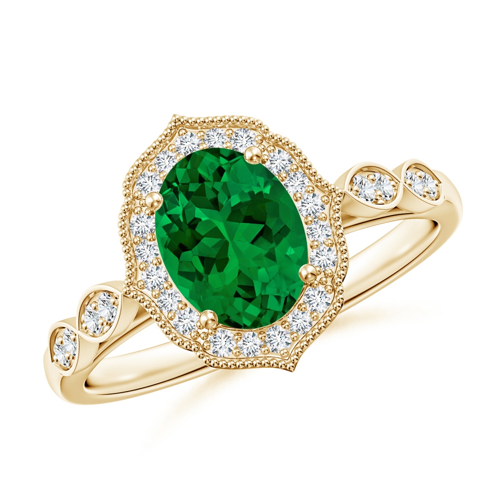 8x6mm Labgrown Lab-Grown Vintage Inspired Oval Emerald Ornate Halo Engagement Ring in 18K Yellow Gold