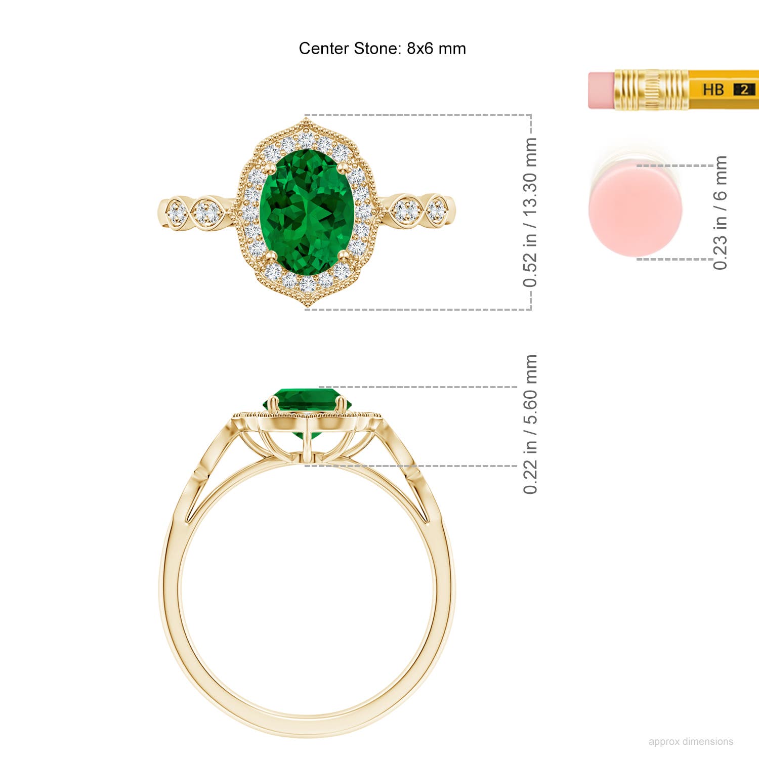 8x6mm Labgrown Lab-Grown Vintage Inspired Oval Emerald Ornate Halo Engagement Ring in 18K Yellow Gold - ruler