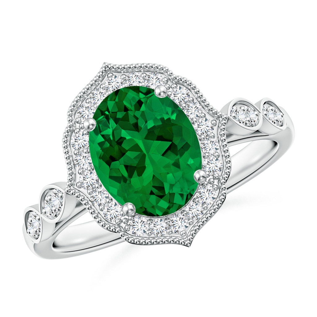 9x7mm Labgrown Lab-Grown Vintage Inspired Oval Emerald Ornate Halo Engagement Ring in White Gold