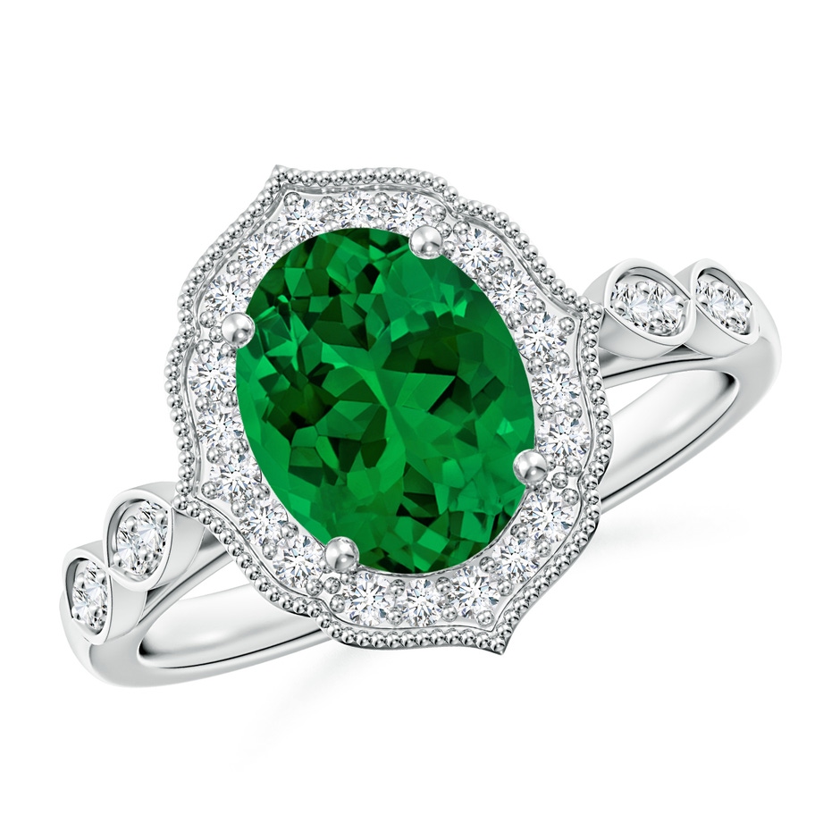 9x7mm Labgrown Lab-Grown Vintage Inspired Oval Emerald Ornate Halo Engagement Ring in White Gold 