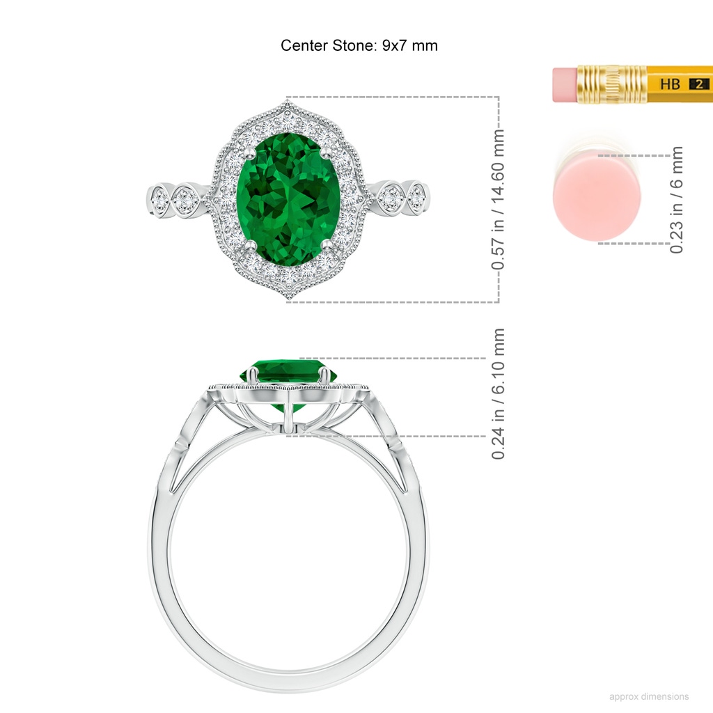 9x7mm Labgrown Lab-Grown Vintage Inspired Oval Emerald Ornate Halo Engagement Ring in White Gold ruler
