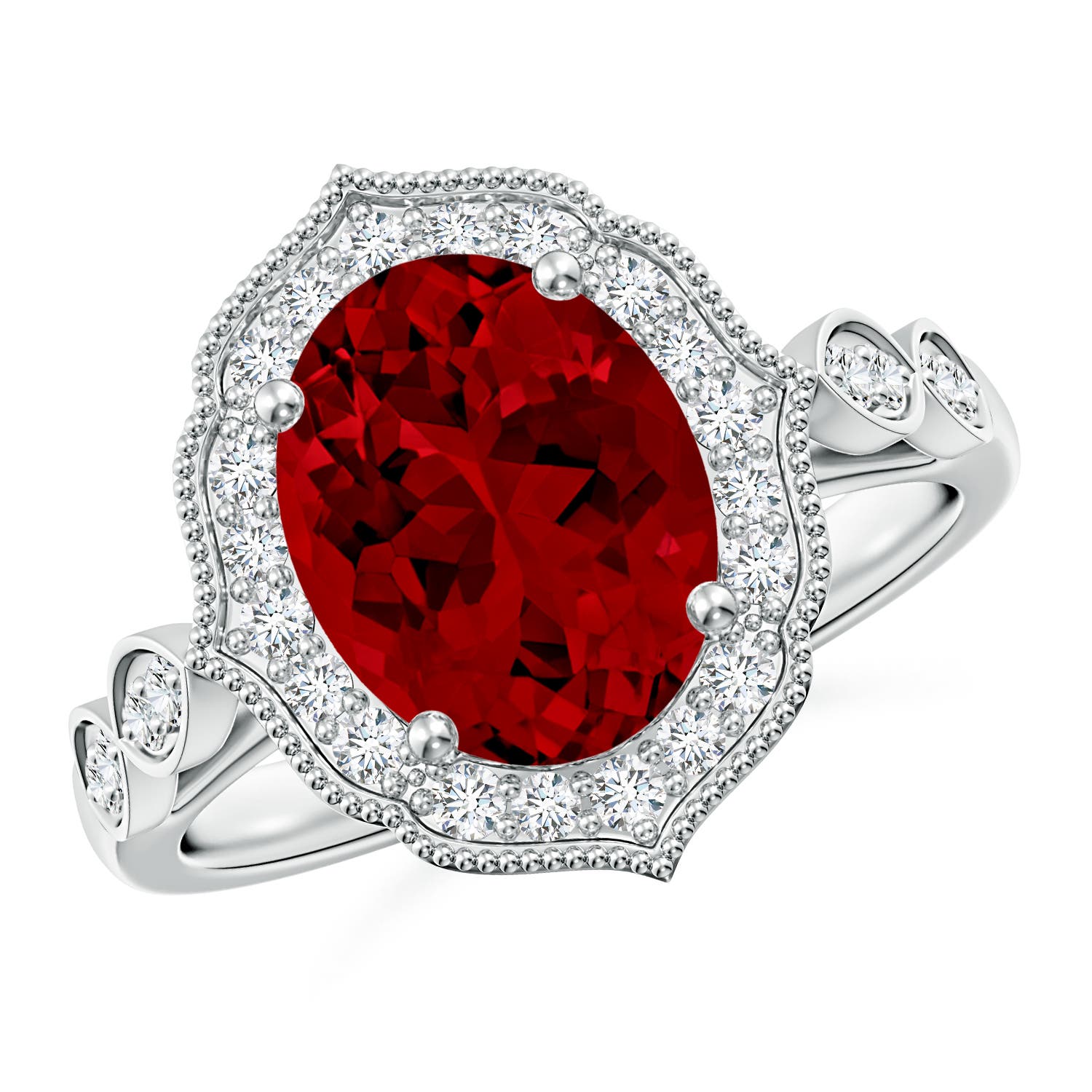 10x8mm Labgrown Lab-Grown Vintage Inspired Oval Ruby Ornate Halo Engagement Ring in P950 Platinum