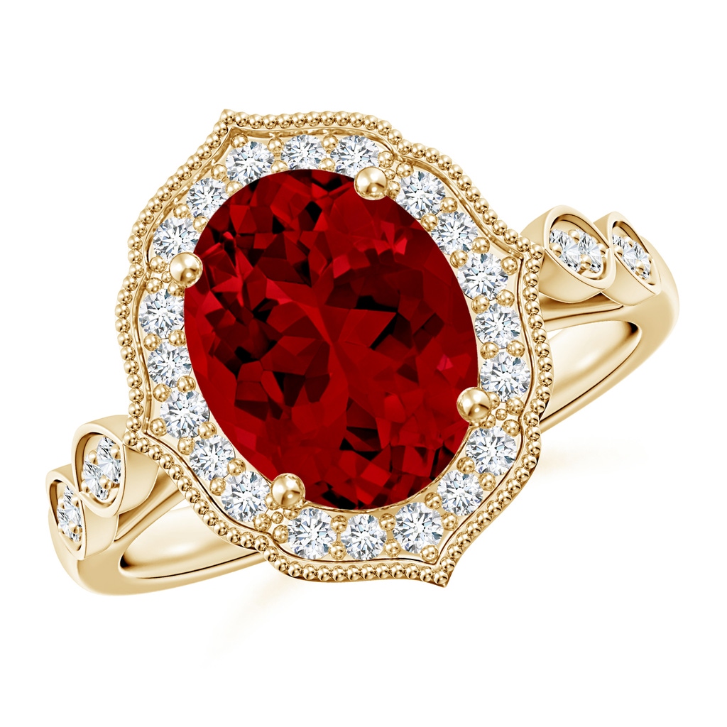 10x8mm Labgrown Lab-Grown Vintage Inspired Oval Ruby Ornate Halo Engagement Ring in Yellow Gold