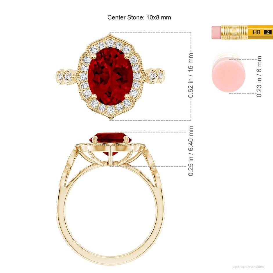 10x8mm Labgrown Lab-Grown Vintage Inspired Oval Ruby Ornate Halo Engagement Ring in Yellow Gold ruler