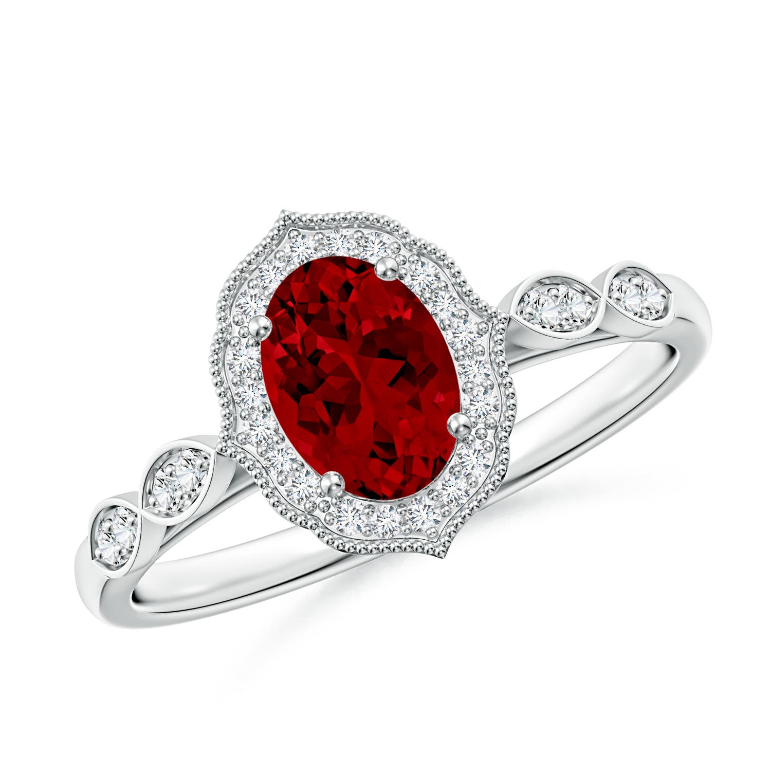 7x5mm Labgrown Lab-Grown Vintage Inspired Oval Ruby Ornate Halo Engagement Ring in 18K White Gold