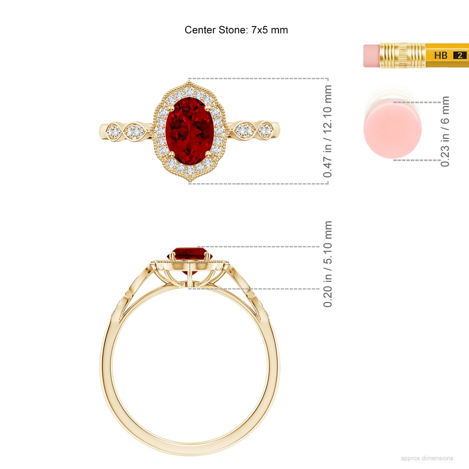 7x5mm Labgrown Lab-Grown Vintage Inspired Oval Ruby Ornate Halo Engagement Ring in Yellow Gold ruler