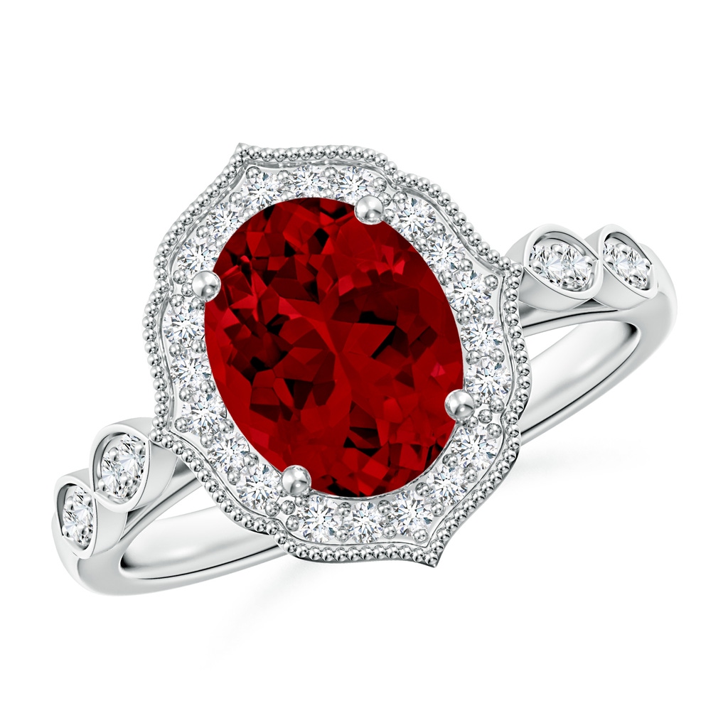 9x7mm Labgrown Lab-Grown Vintage Inspired Oval Ruby Ornate Halo Engagement Ring in White Gold