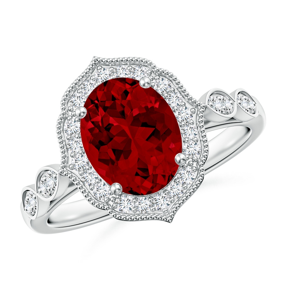 9x7mm Labgrown Lab-Grown Vintage Inspired Oval Ruby Ornate Halo Engagement Ring in White Gold 