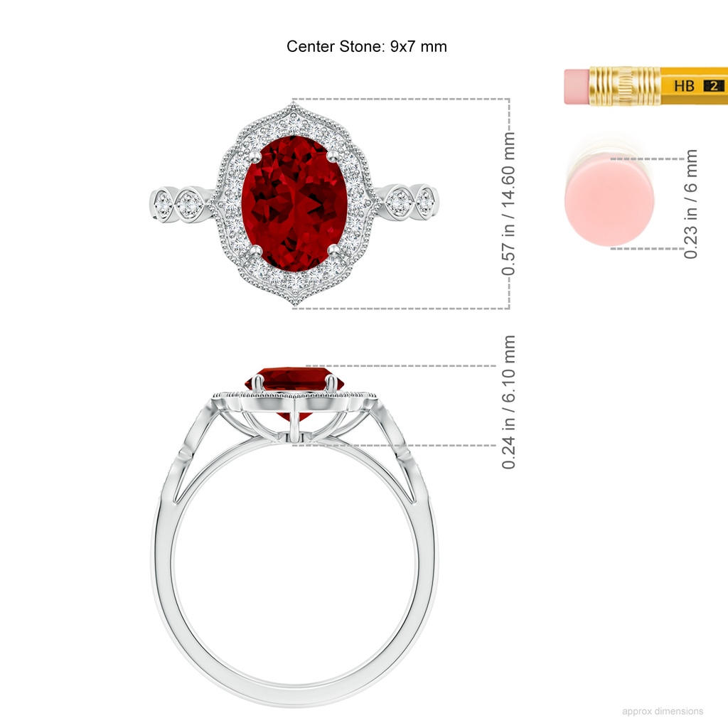 9x7mm Labgrown Lab-Grown Vintage Inspired Oval Ruby Ornate Halo Engagement Ring in White Gold ruler
