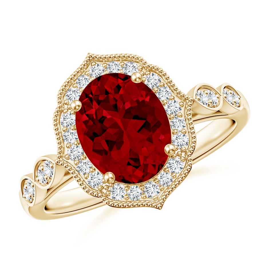 9x7mm Labgrown Lab-Grown Vintage Inspired Oval Ruby Ornate Halo Engagement Ring in Yellow Gold 