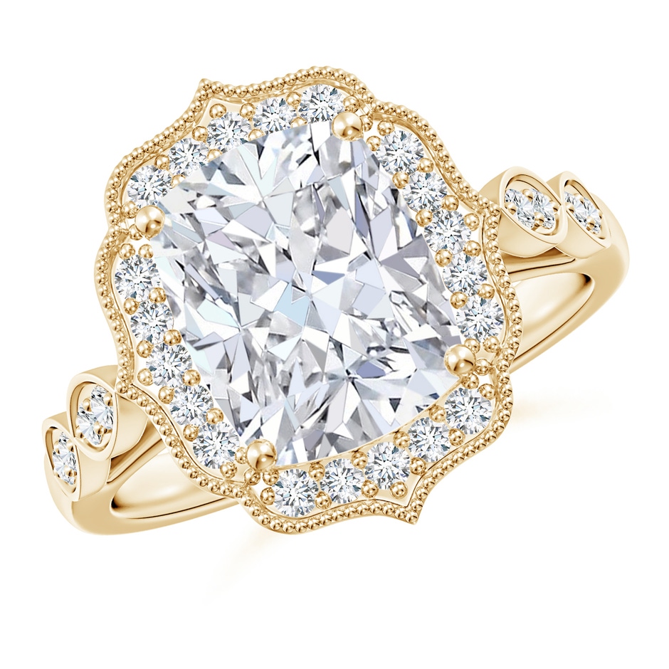 10x7.5mm FGVS Lab-Grown Vintage Inspired Cushion Rectangular Diamond Ornate Halo Engagement Ring in 18K Yellow Gold 