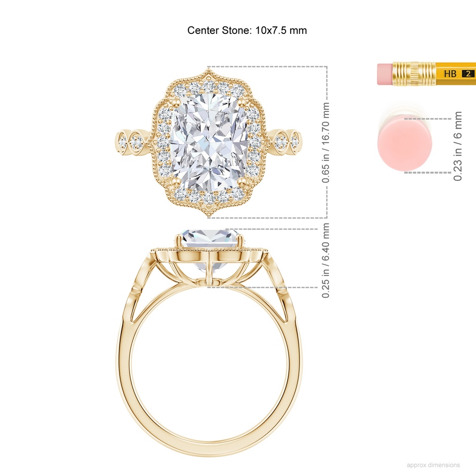 10x7.5mm FGVS Lab-Grown Vintage Inspired Cushion Rectangular Diamond Ornate Halo Engagement Ring in 18K Yellow Gold ruler