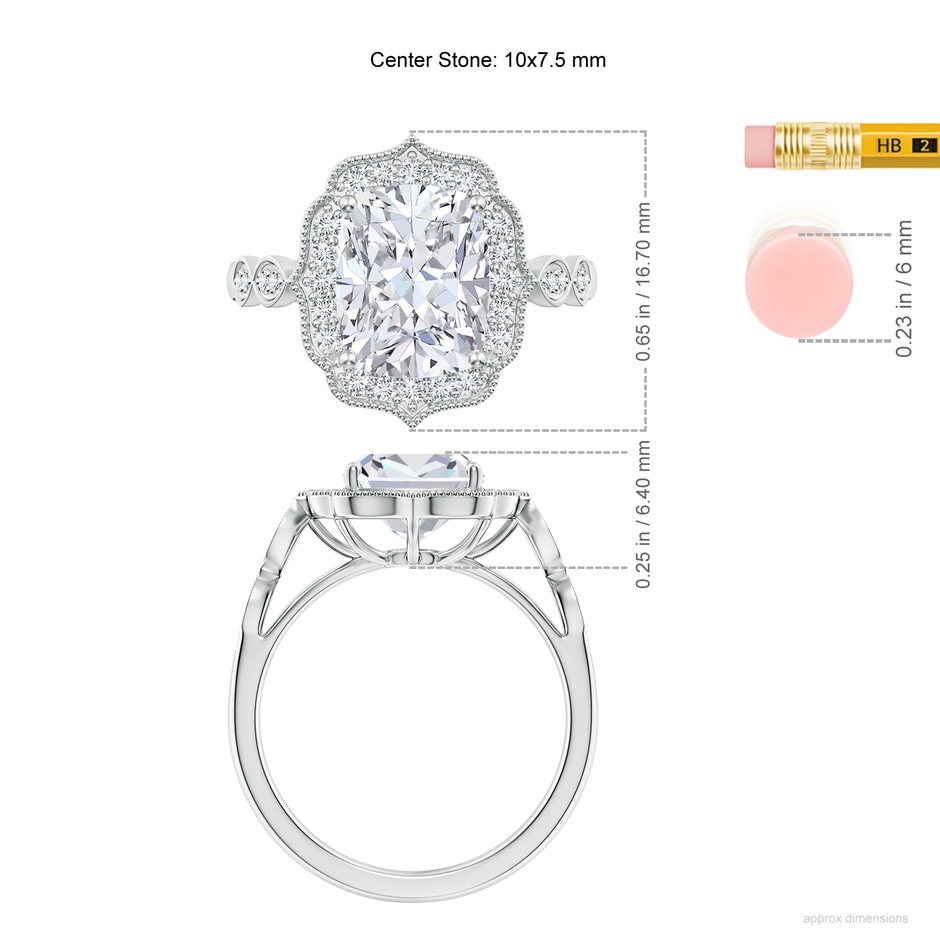10x7.5mm FGVS Lab-Grown Vintage Inspired Cushion Rectangular Diamond Ornate Halo Engagement Ring in White Gold ruler