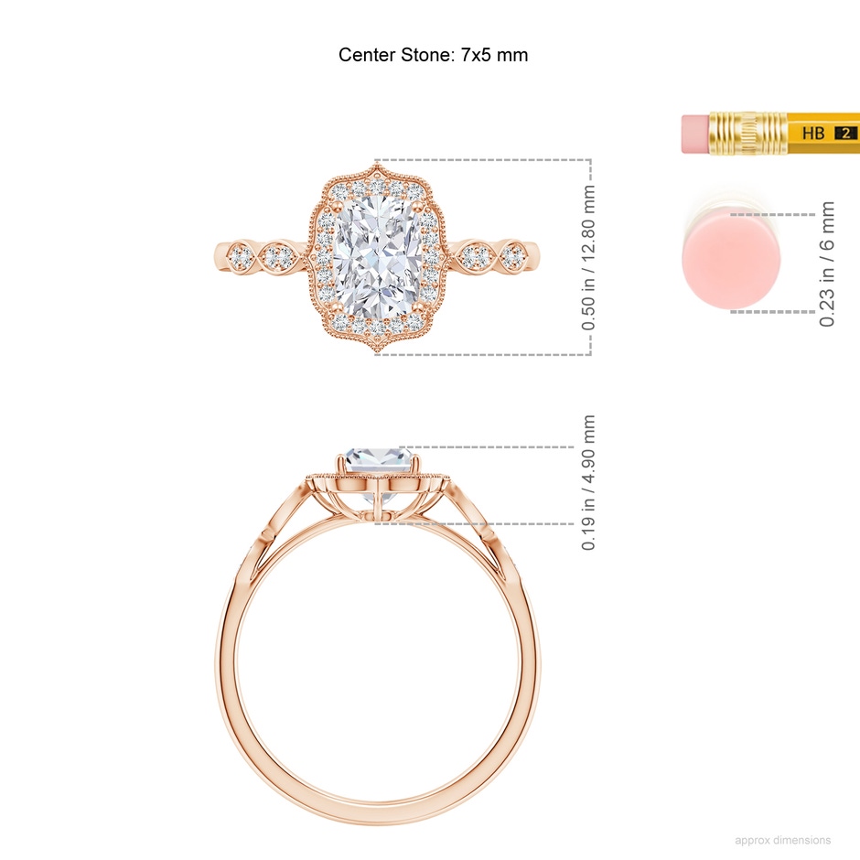 7x5mm FGVS Lab-Grown Vintage Inspired Cushion Rectangular Diamond Ornate Halo Engagement Ring in Rose Gold ruler