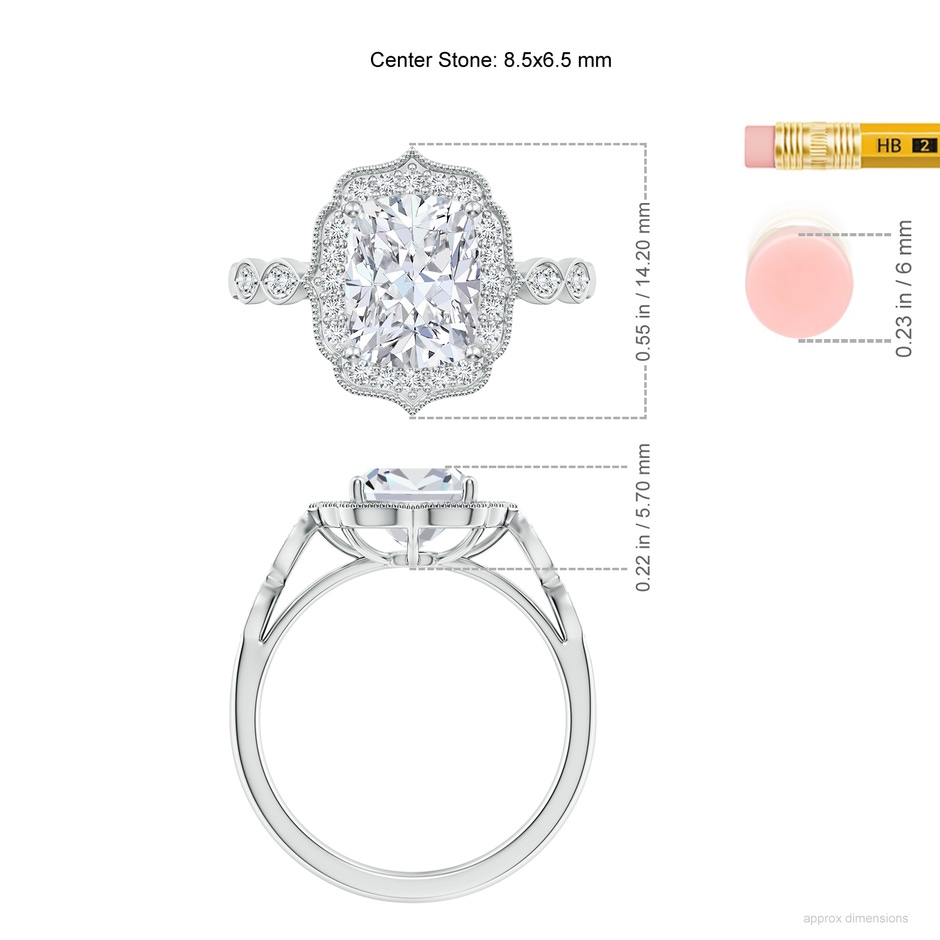 8.5x6.5mm FGVS Lab-Grown Vintage Inspired Cushion Rectangular Diamond Ornate Halo Engagement Ring in White Gold ruler