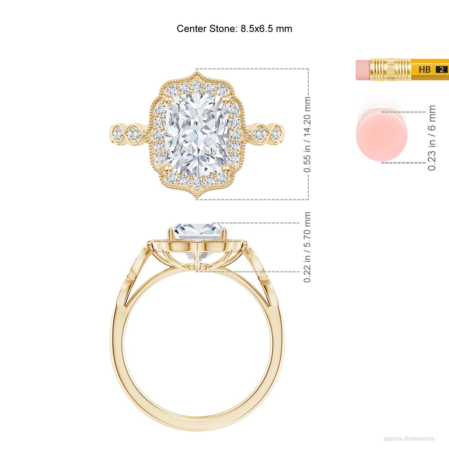 8.5x6.5mm FGVS Lab-Grown Vintage Inspired Cushion Rectangular Diamond Ornate Halo Engagement Ring in Yellow Gold - ruler