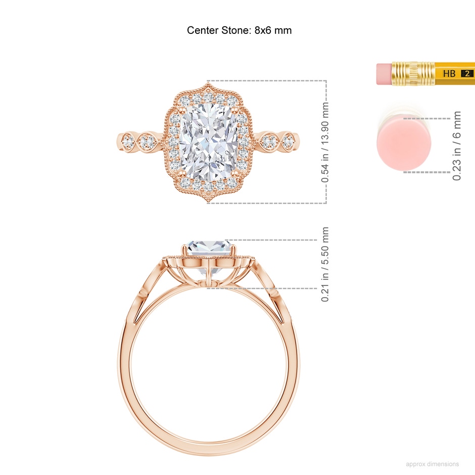 8x6mm FGVS Lab-Grown Vintage Inspired Cushion Rectangular Diamond Ornate Halo Engagement Ring in Rose Gold ruler