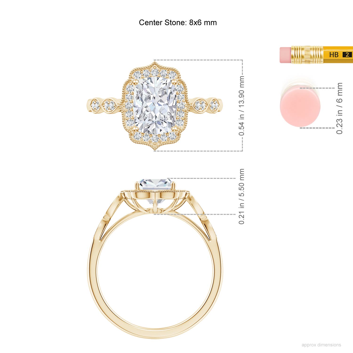 8x6mm FGVS Lab-Grown Vintage Inspired Cushion Rectangular Diamond Ornate Halo Engagement Ring in Yellow Gold - ruler