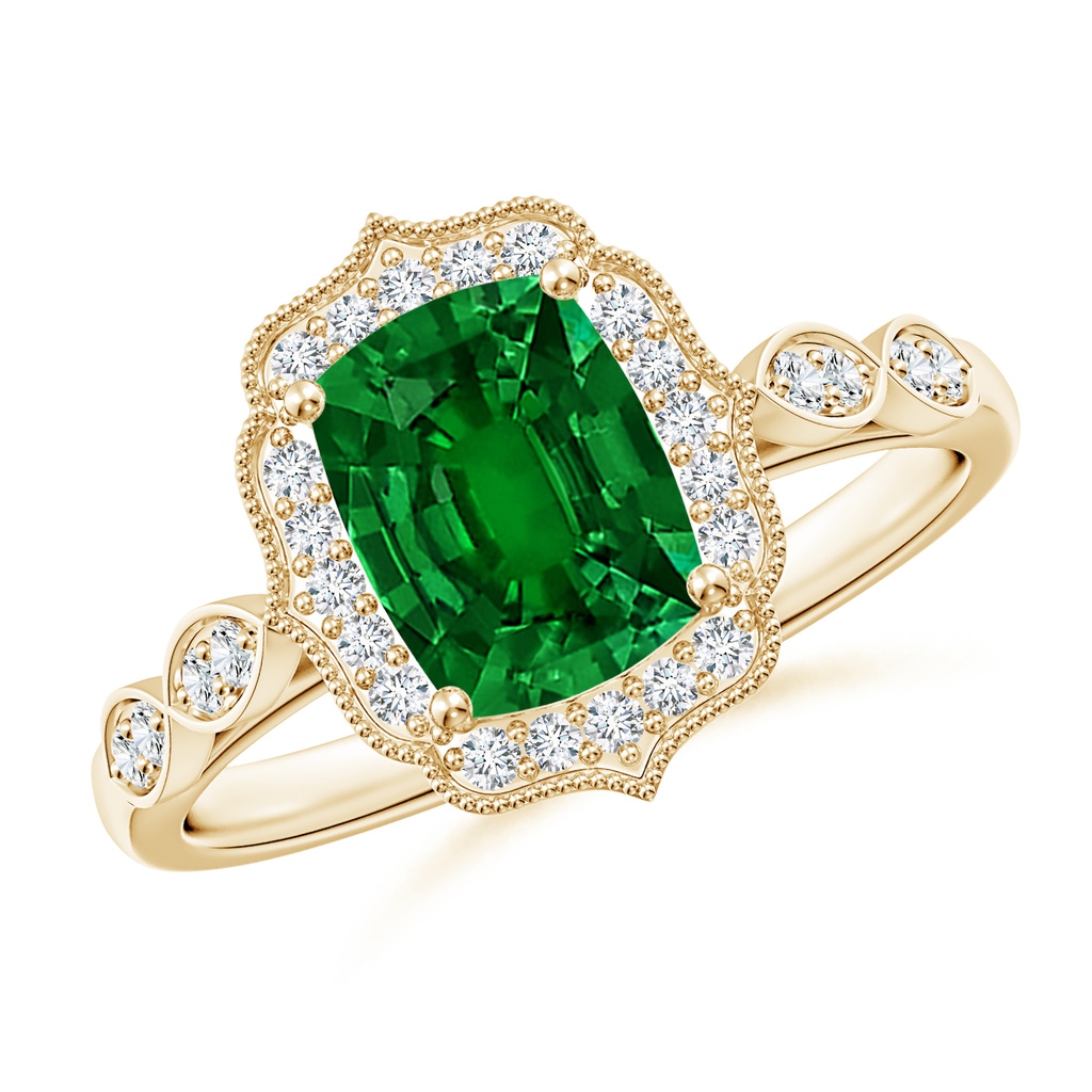 8x6mm Labgrown Lab-Grown Vintage Inspired Cushion Rectangular Emerald Ornate Halo Engagement Ring in 18K Yellow Gold