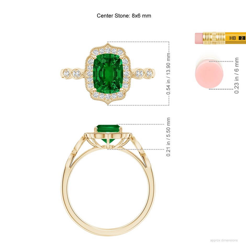 8x6mm Labgrown Lab-Grown Vintage Inspired Cushion Rectangular Emerald Ornate Halo Engagement Ring in 18K Yellow Gold ruler