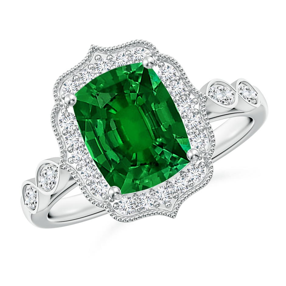 9x7mm Labgrown Lab-Grown Vintage Inspired Cushion Rectangular Emerald Ornate Halo Engagement Ring in P950 Platinum 