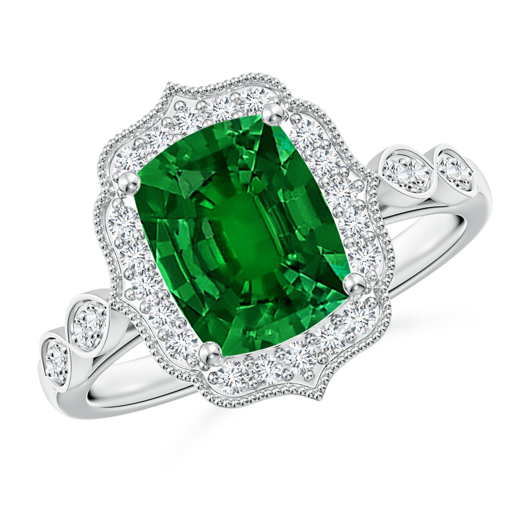 9x7mm Labgrown Lab-Grown Vintage Inspired Cushion Rectangular Emerald Ornate Halo Engagement Ring in White Gold