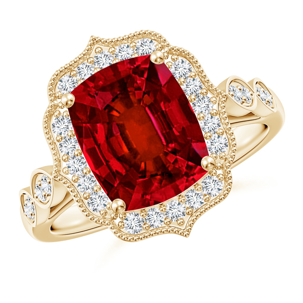 10x8mm Labgrown Lab-Grown Vintage Inspired Cushion Rectangular Ruby Ornate Halo Engagement Ring in Yellow Gold