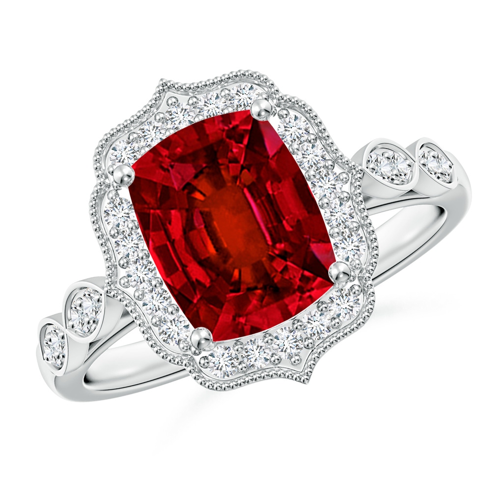 9x7mm Labgrown Lab-Grown Vintage Inspired Cushion Rectangular Ruby Ornate Halo Engagement Ring in White Gold