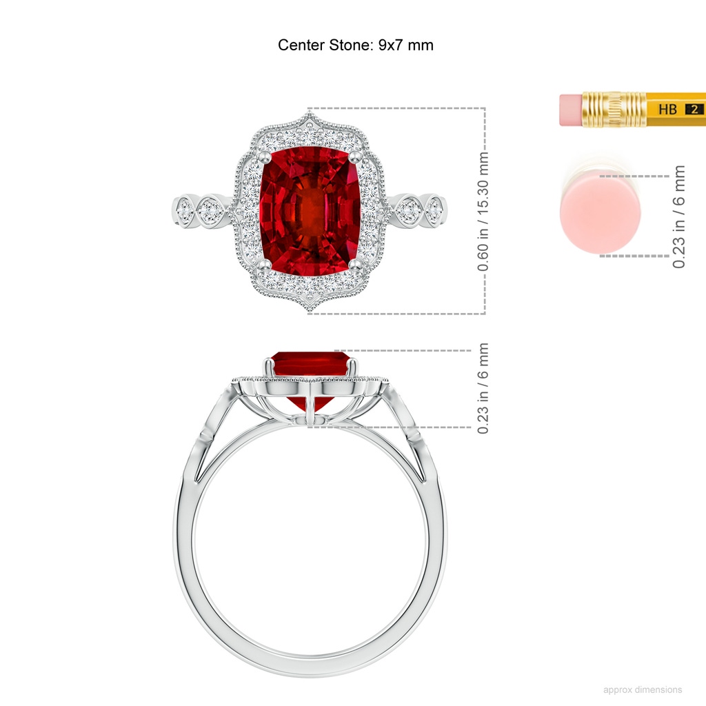 9x7mm Labgrown Lab-Grown Vintage Inspired Cushion Rectangular Ruby Ornate Halo Engagement Ring in White Gold ruler