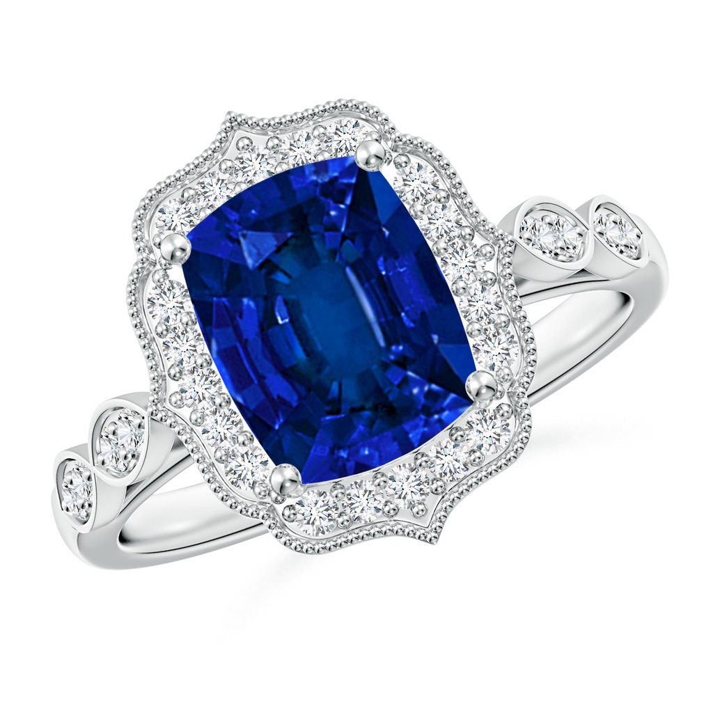 9x7mm Labgrown Lab-Grown Vintage Inspired Cushion Rectangular Blue Sapphire Ornate Halo Engagement Ring in White Gold 