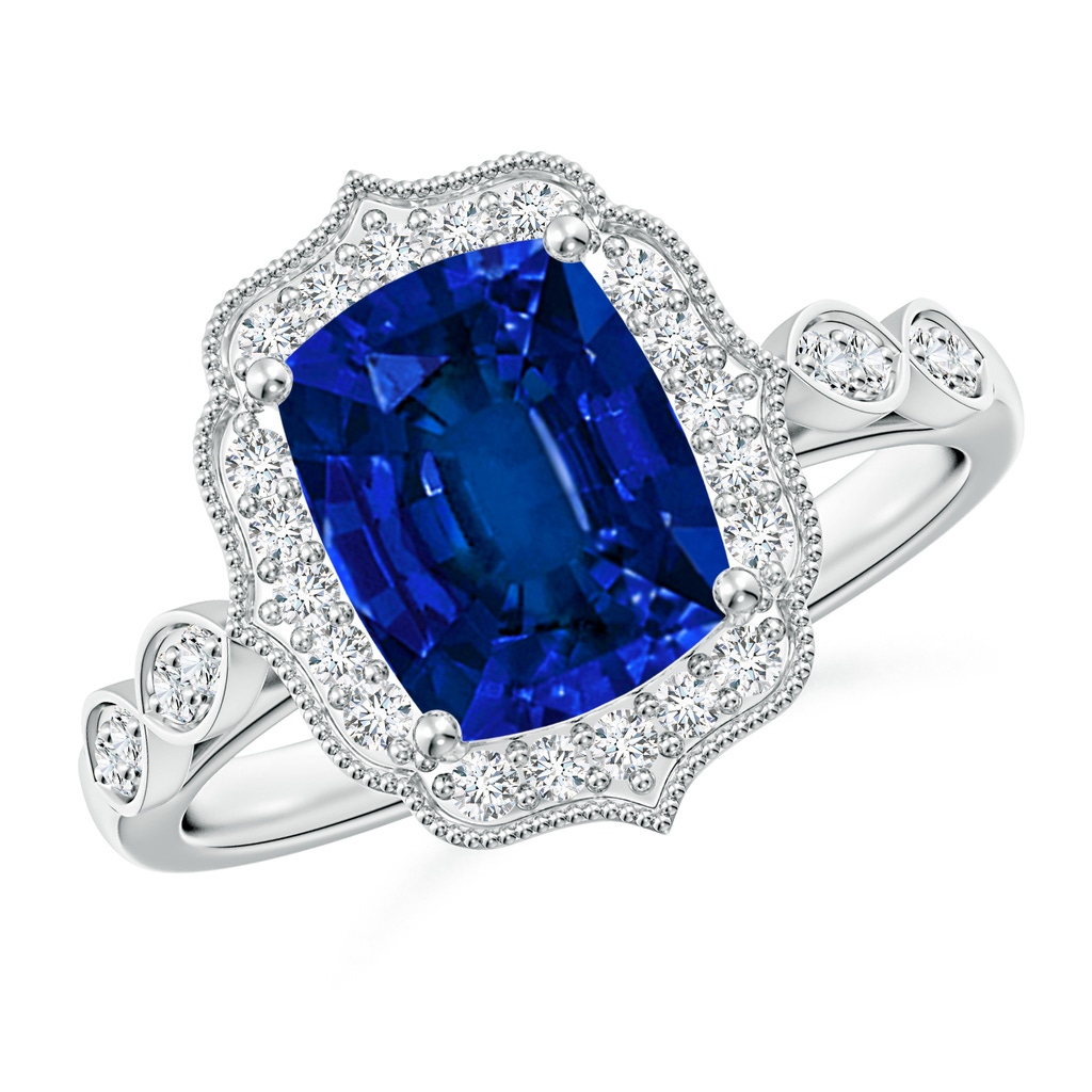 9x7mm Labgrown Lab-Grown Vintage Inspired Cushion Rectangular Blue Sapphire Ornate Halo Engagement Ring in White Gold