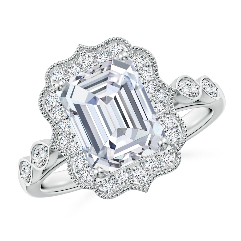 8.5x6.5mm FGVS Lab-Grown Vintage Inspired Emerald-Cut Diamond Ornate Halo Engagement Ring in White Gold