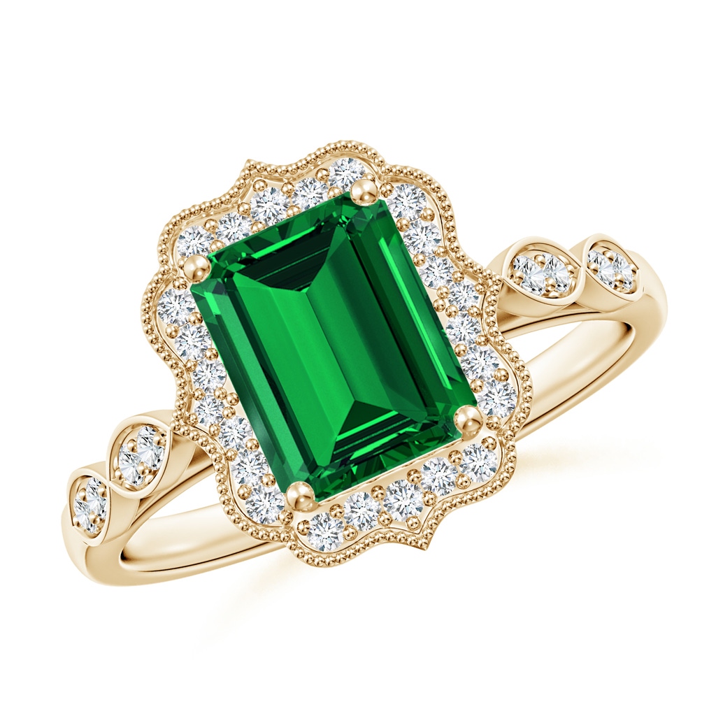 8x6mm Labgrown Lab-Grown Vintage Inspired Emerald-Cut Emerald Ornate Halo Engagement Ring in 18K Yellow Gold